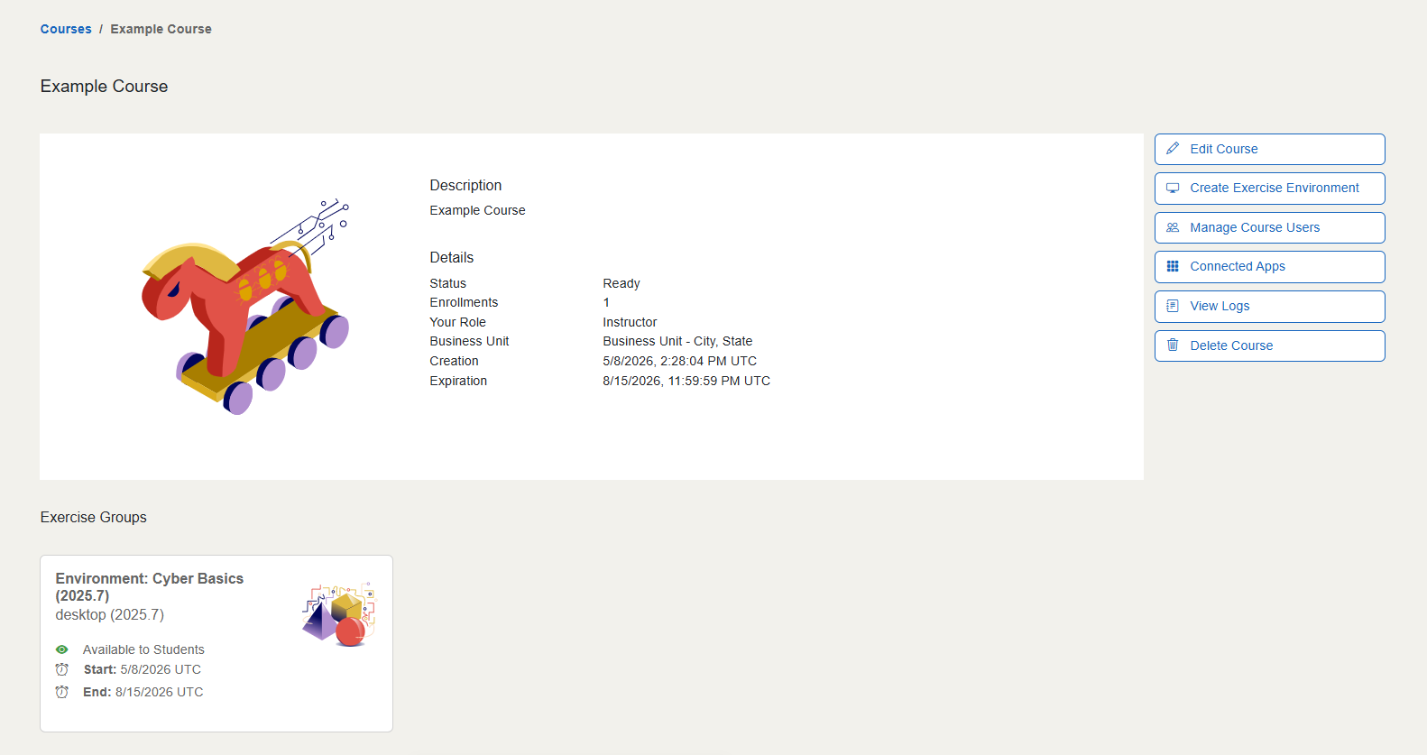 The course page is displayed with the course's exercise environments listed below the course details.