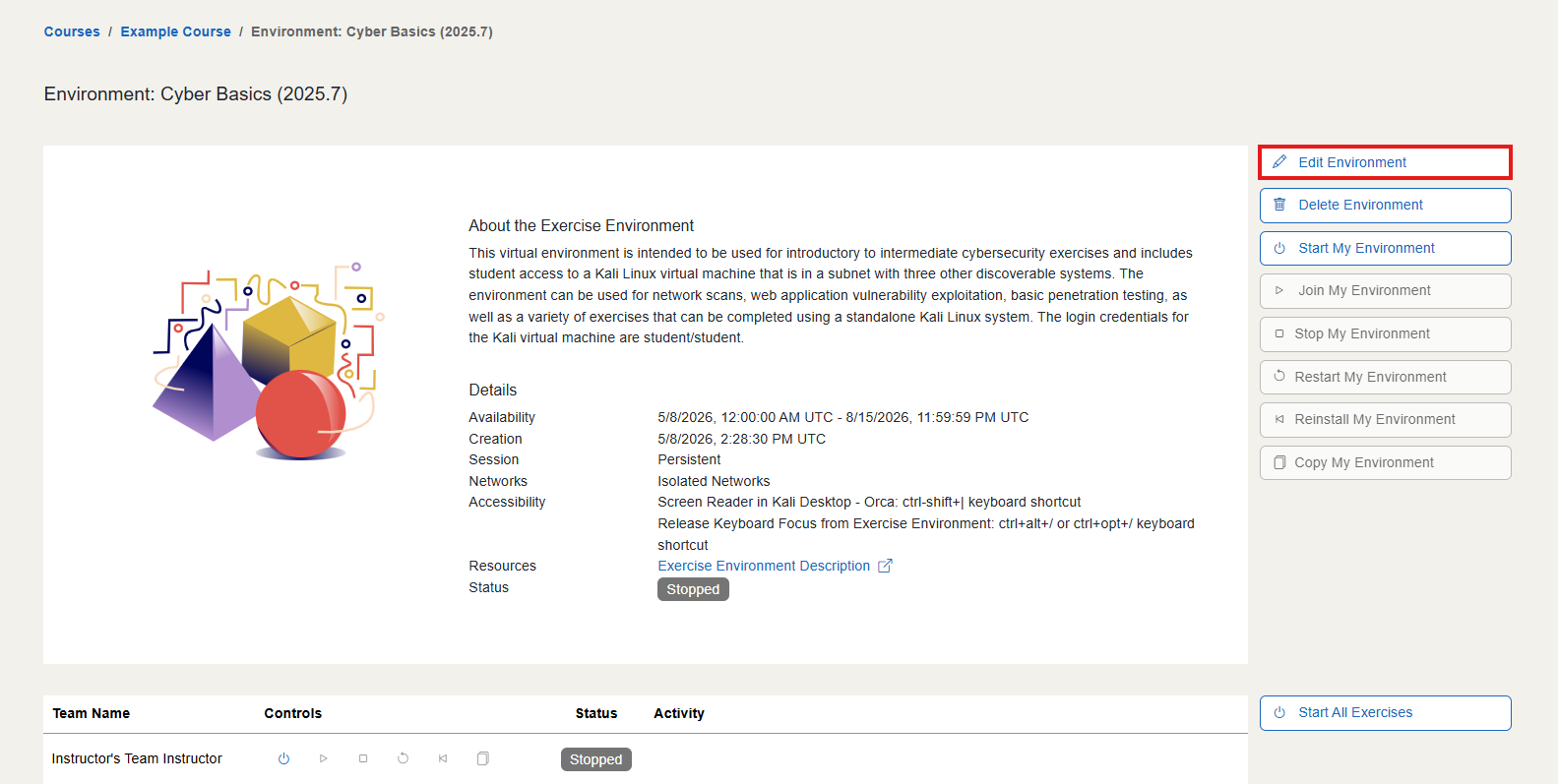 The environment page is displayed. The Edit this exercise button is located on the right-hand side above the Delete Environment button.