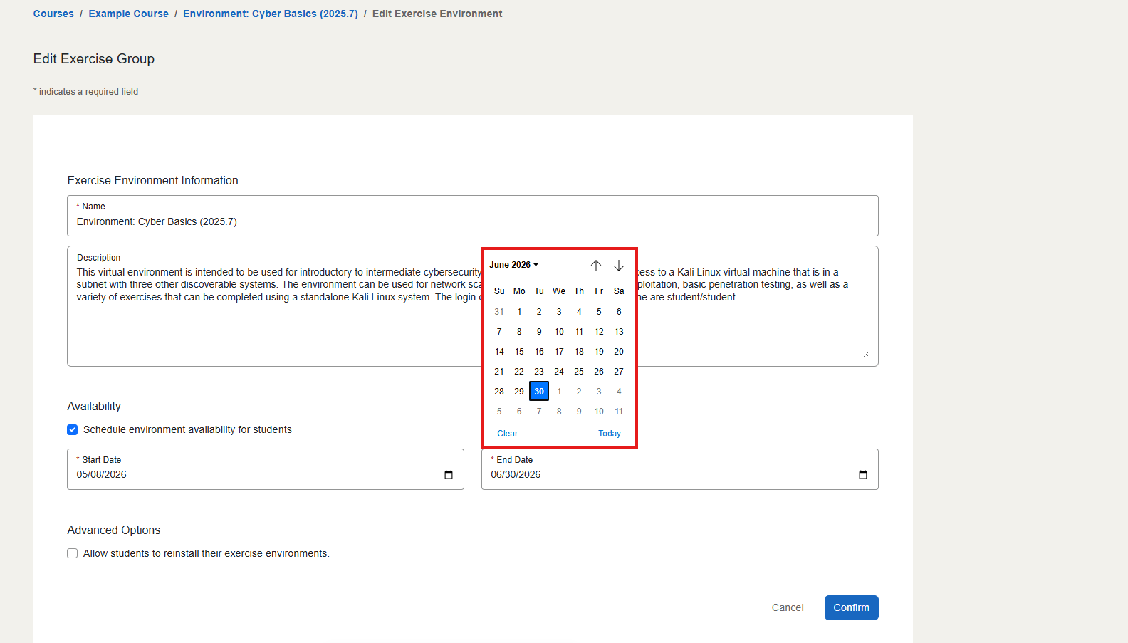 After selecting the start date or end date field, a calendar will appear which allows you to pick dates.
