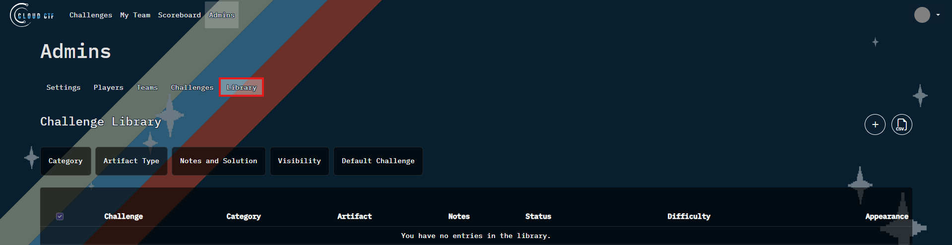 The Library page is located under the Admins header, as the rightmost option.