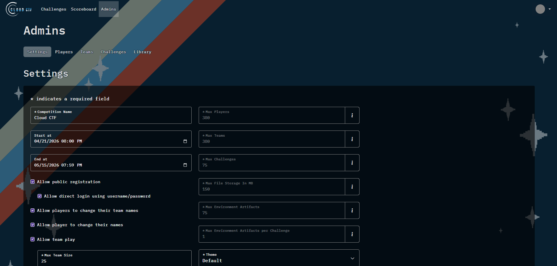 The Setting tab is located in the upper left corner of the Admins panel, just under the header "Admins". 