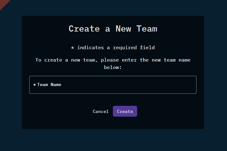 The Create button is under the Team Name input field, after the Cancel button.