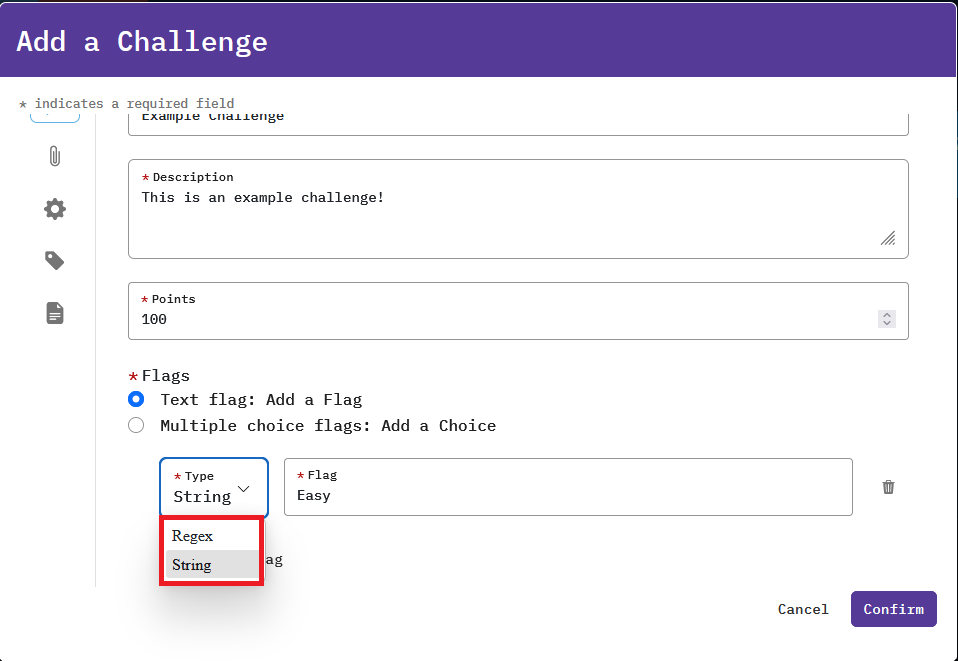 The String or Regex options can be found towards the bottom of the window, to the left of the Flag field.