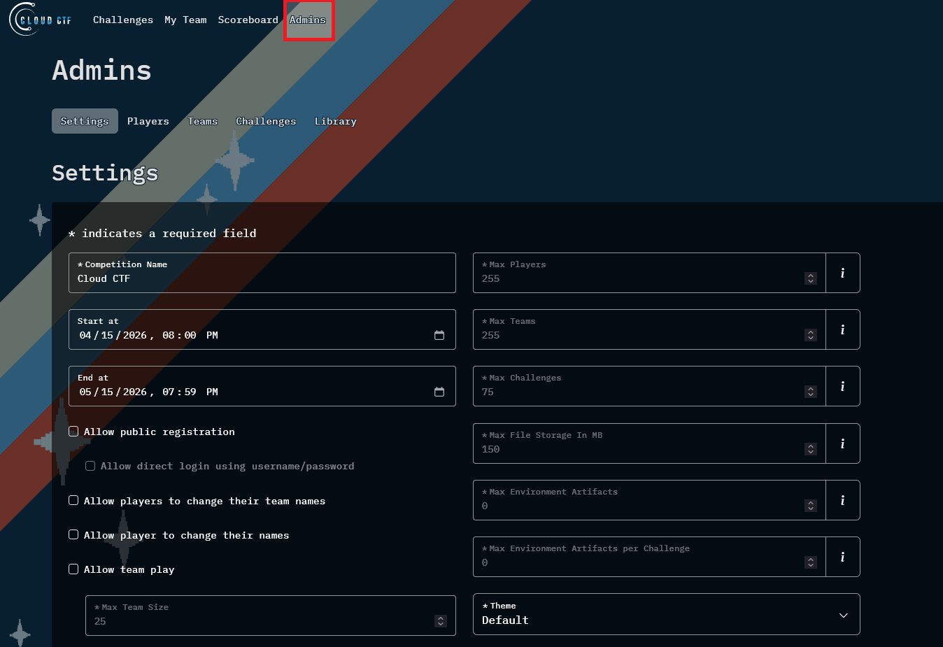 The Admins tab located after the Scoreboard tab.