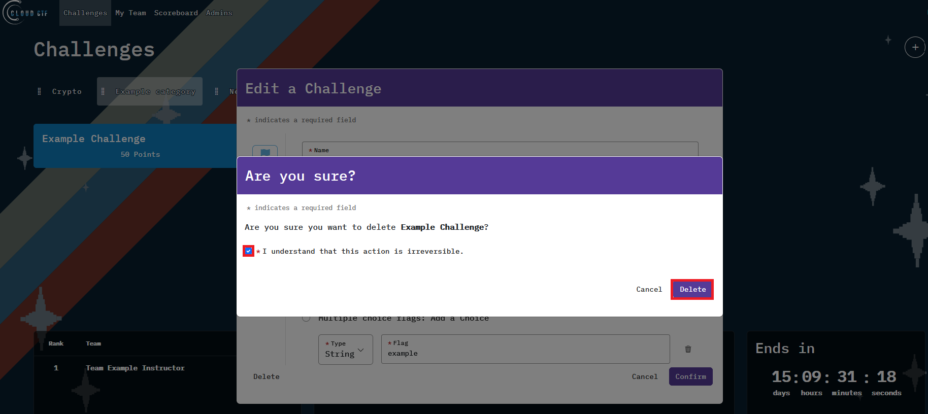 The checkbox must be checked to delete the challenge.