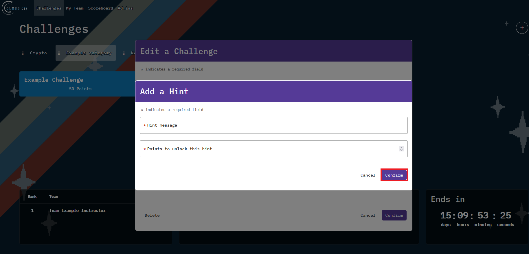 The Confirm button is in the bottom right of the Add a Hint pop-up window.