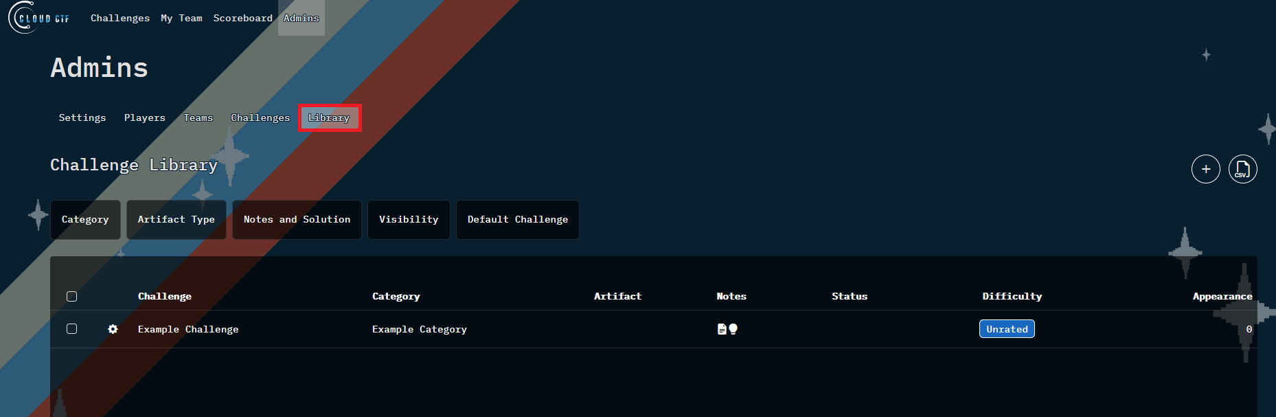 The Library tab is located beneath the Admins heading, after the Challenges tab.