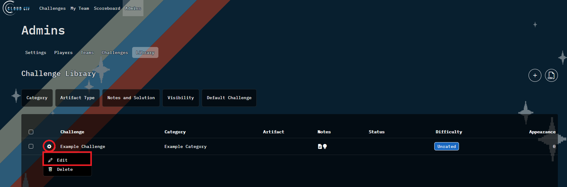 The Settings icon is located before the name of a challenge, with edit being the first choice.