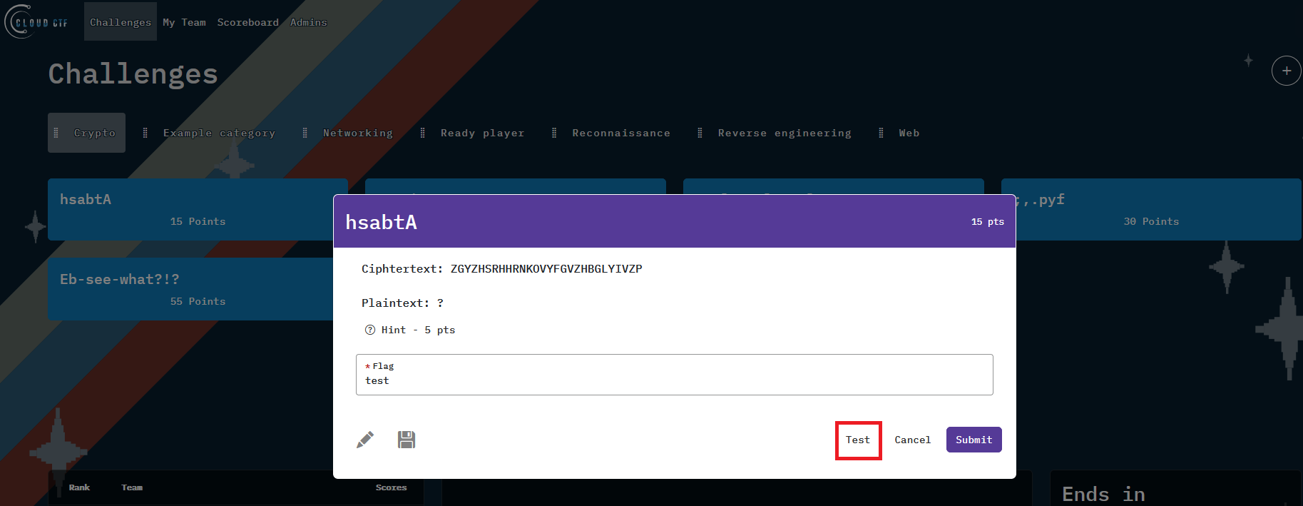 The Test button for a challenge is located at the bottom right of the window, before the Cancel button.