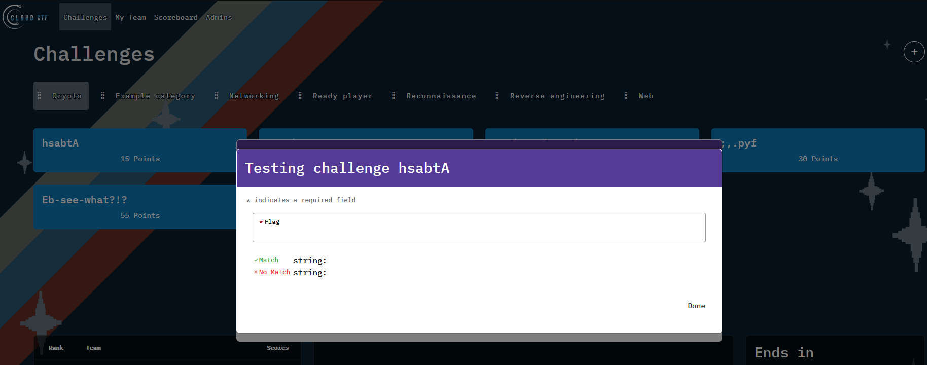The Testing window will show all flags saved to the challenge and whether the input flag matches any of them.
