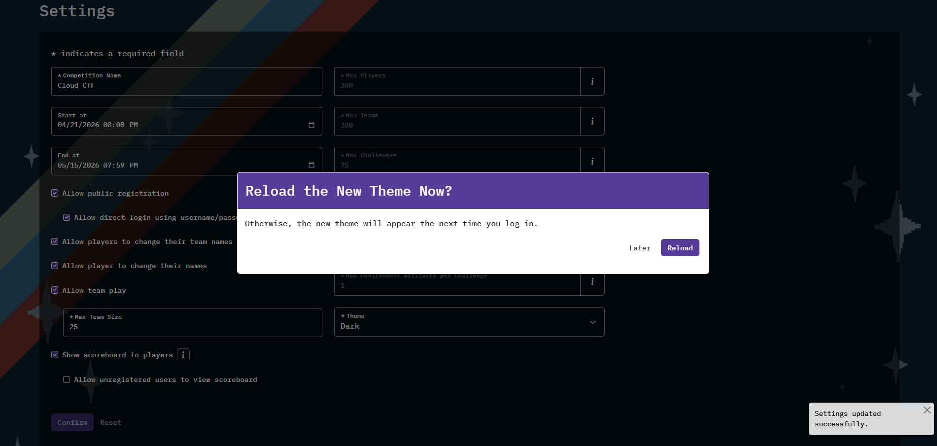 A pop-up window will be presented with options to reload the environment at a later date or to reload immediately.