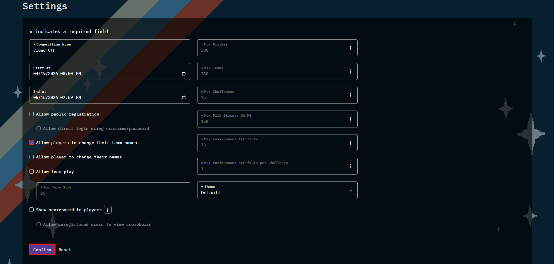Underneath the "Allow Public registration" option, check or uncheck "Allow players to change their team names".