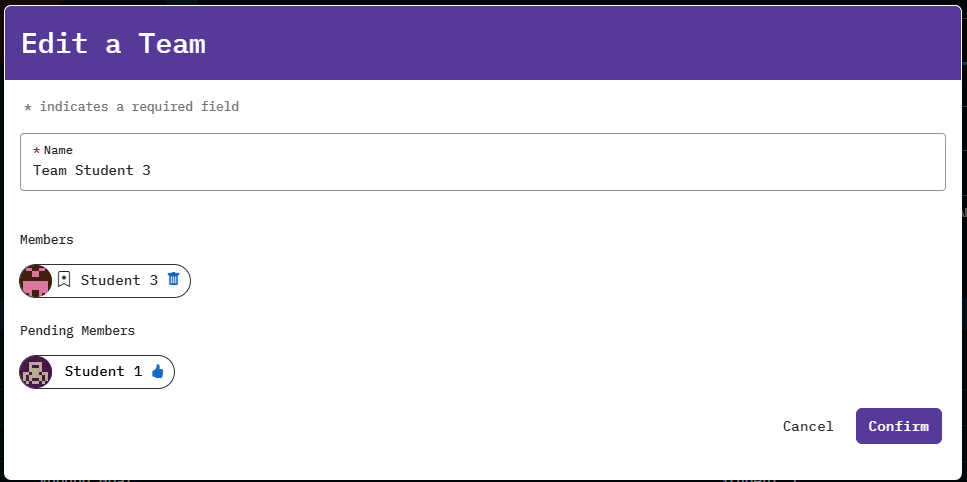 In descending order, the option to change the team name is available under "Name", current members are located under "Members", and then pending members are under "Pending Members". The "cancel" and "confirm" buttons are located in the bottom-right corner of the pop-up.
