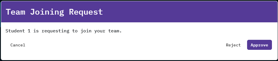 The "cancel" button is in the bottom-left corner of the pop-up. The "reject" and "approve" buttons are in the bottom-right corner.