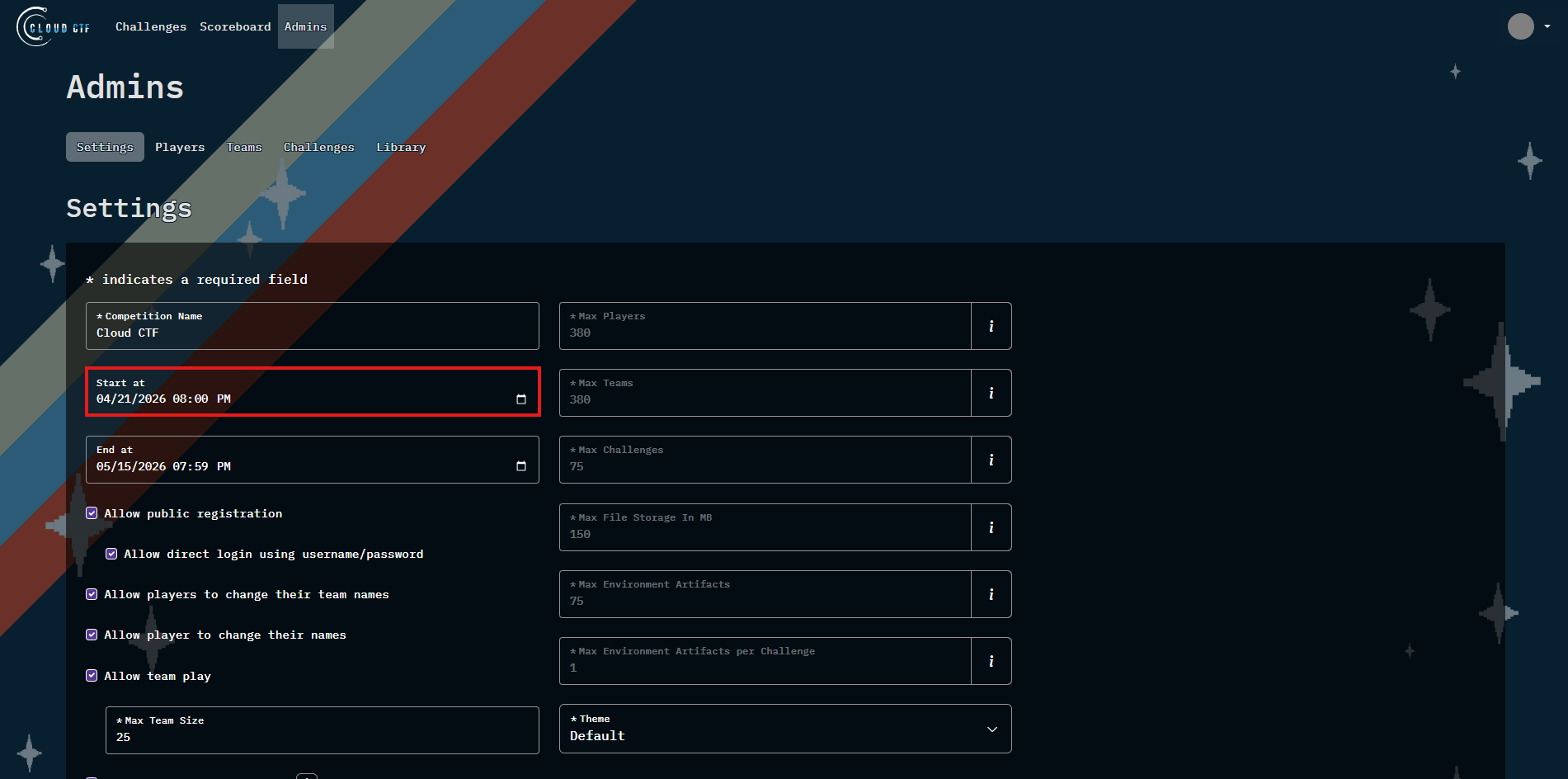 The first date picker field can be found just below the Competition name field.