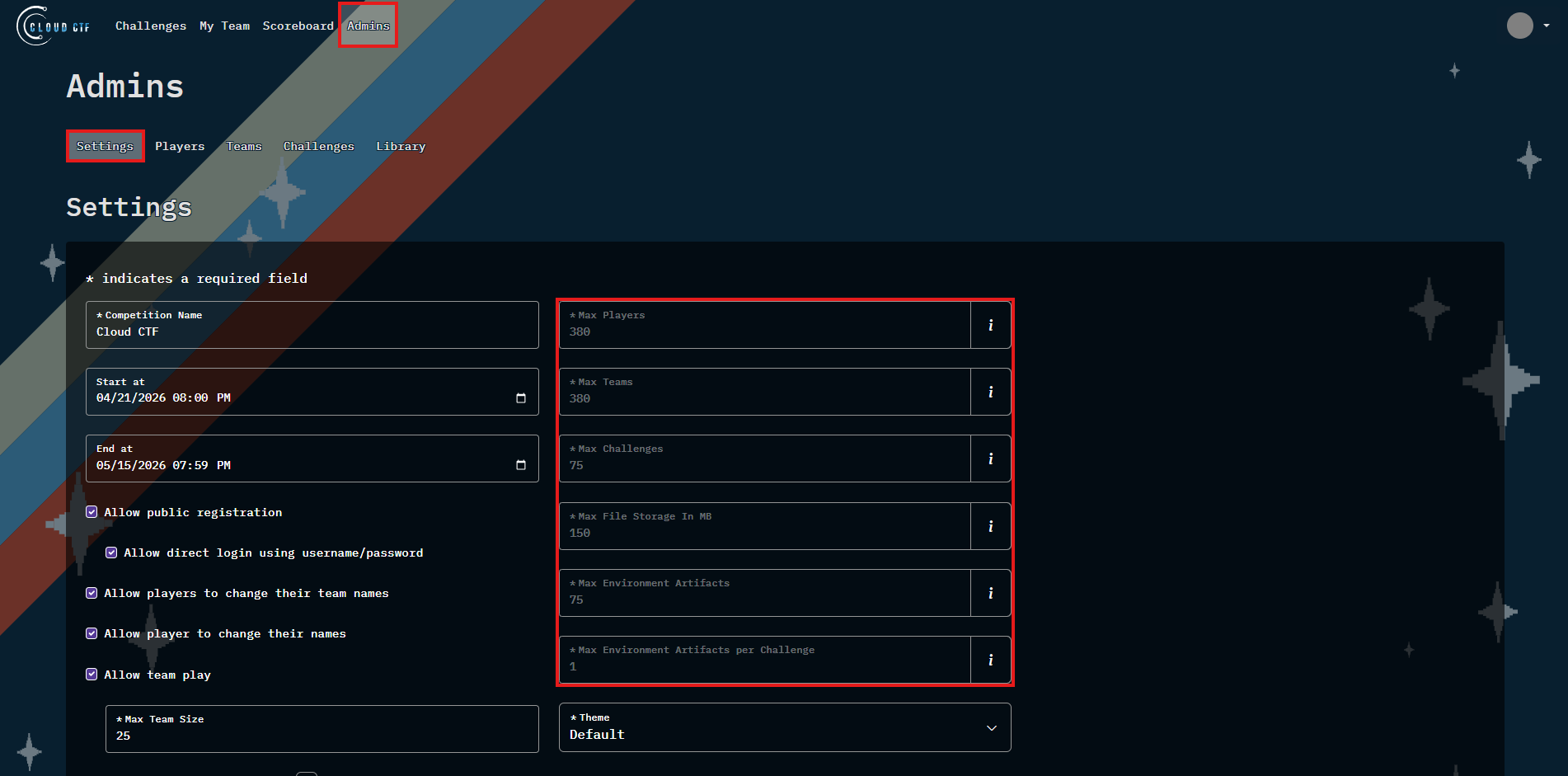 The CTF limits section will be located on the right side in the admin settings.