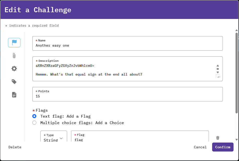The Edit a Challenge page is shown, with options to adjust the challenge information. The flag value is to the right of the type value, and a cancel and confirm button are in the bottom right.