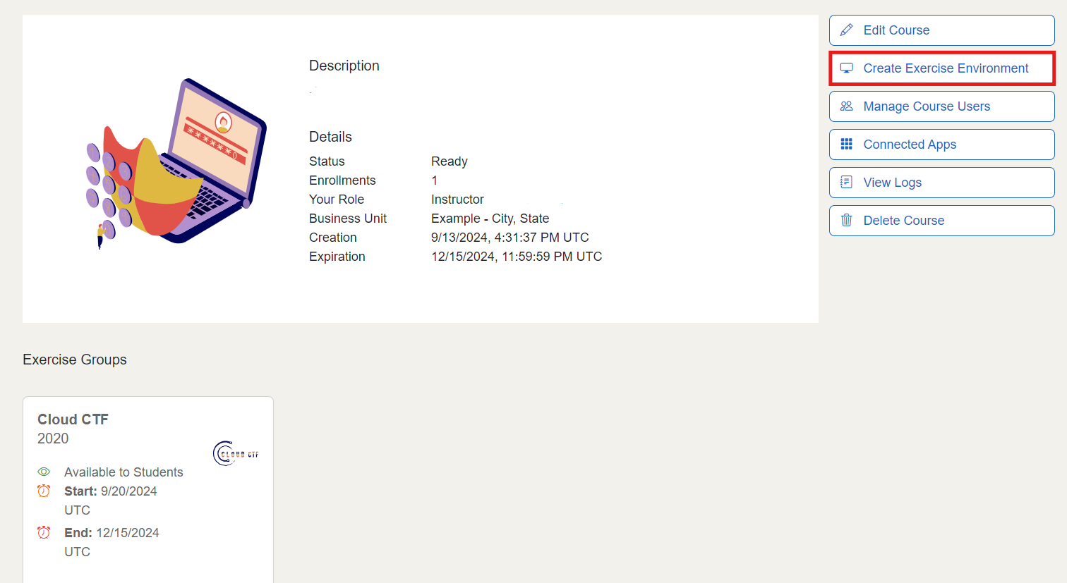 On the course page, the Create Exercise Environment button is located below the Edit Course button.
