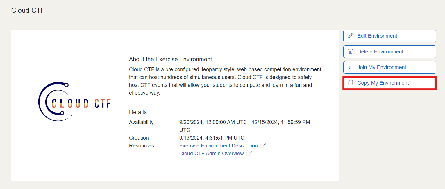 The Copy My Environment button is located below Join My Environment in the course controls.