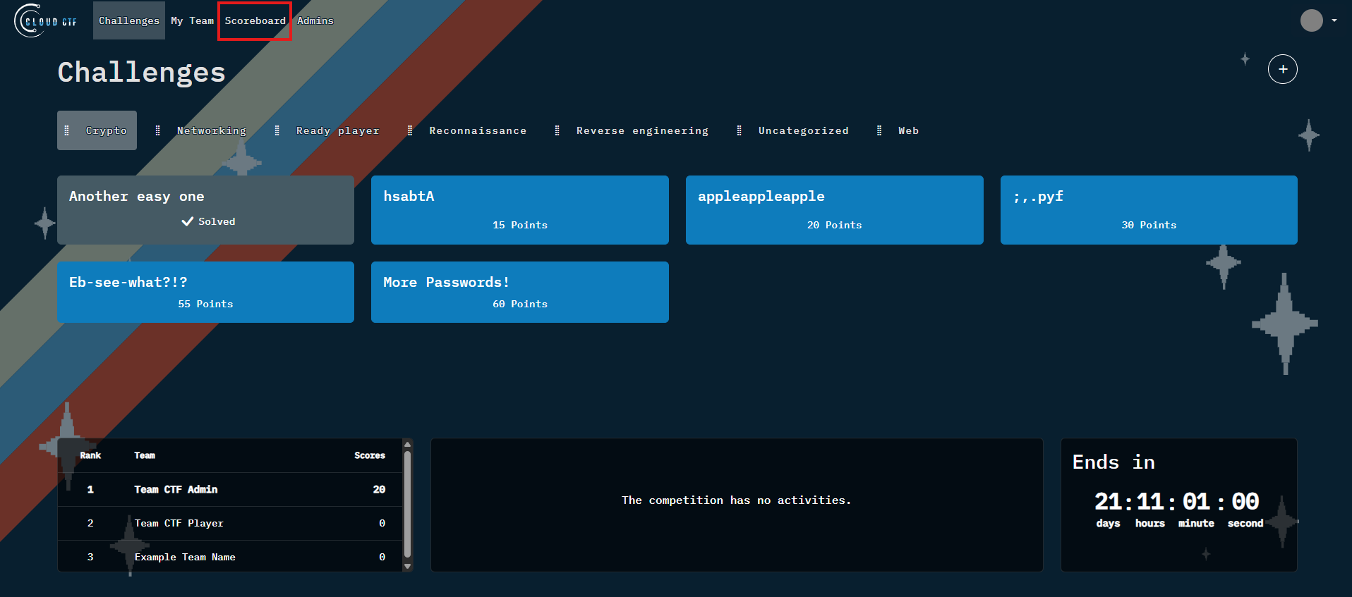 The Scoreboard tab is located to the right of the Challenges tab in the top left of the screen.