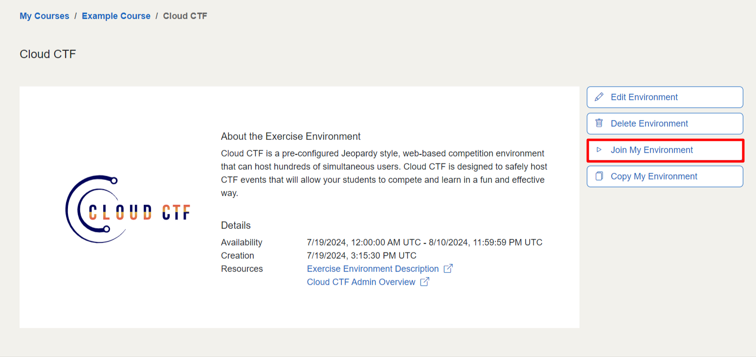 The Join My Environment button is the third in the list of controls, after Delete Environment.