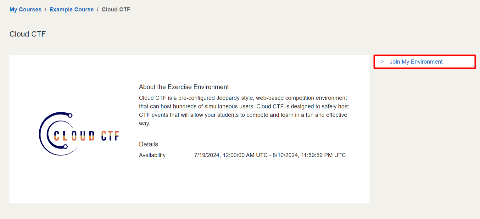 After choosing the CTF environment, the Join My Environment button is the only control on the right.