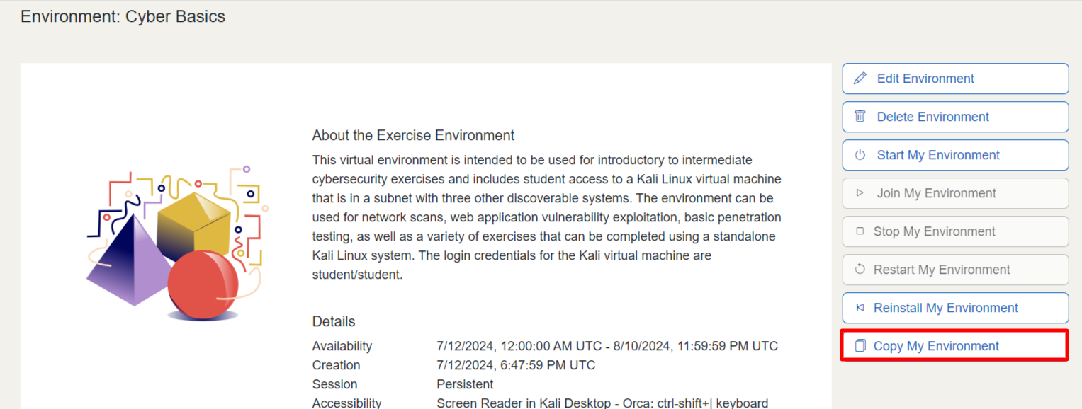 The Copy feature can be accessed by activating the Copy My Environment button as the last of the environment control buttons, after Reinstall My Environment.