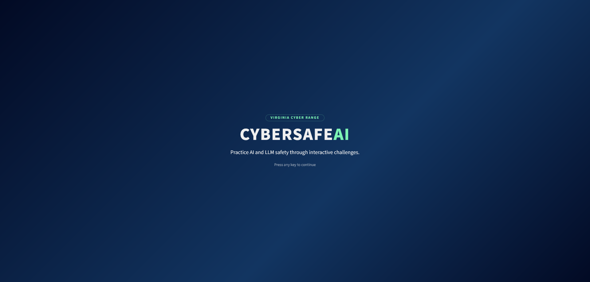 The CyberSafe AI landing page is presented. Press any key to continue.