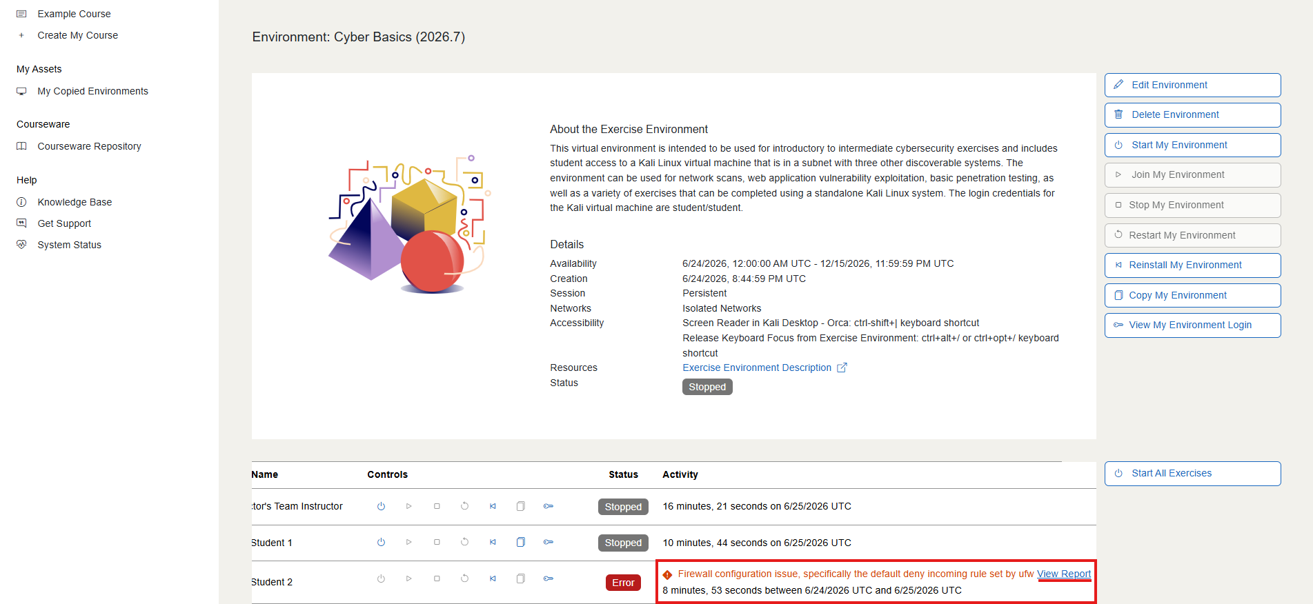 The View Report link is located under the "Activity" section of the affected student