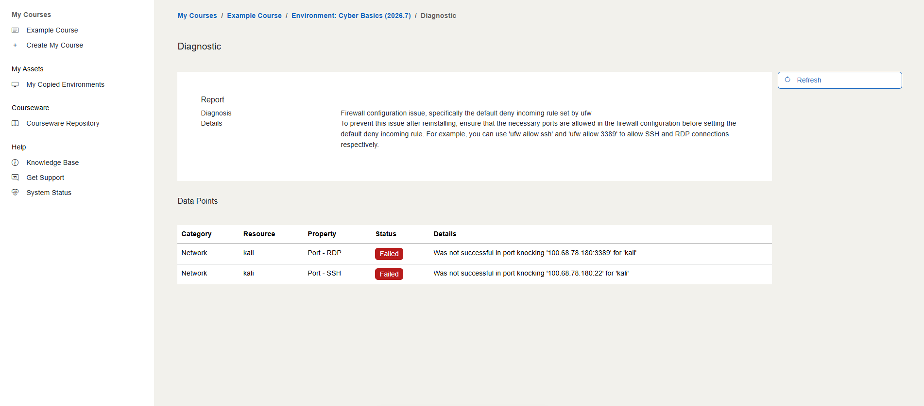 The Report has a Diagnosis statement and a Details statement. A refresh button is located on the right side