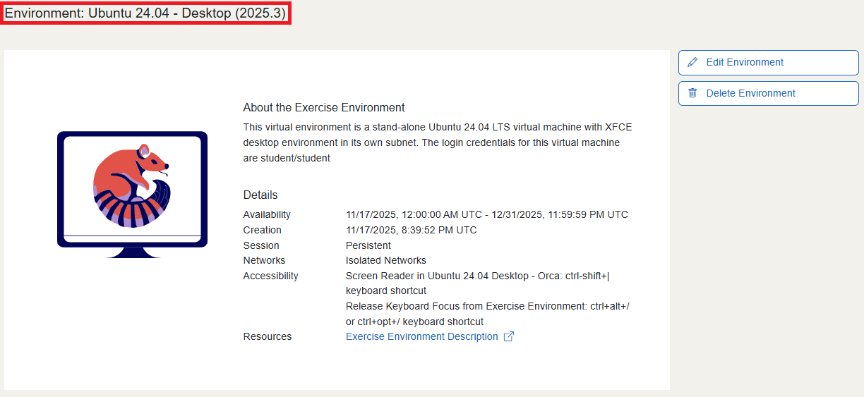 Exercise environment named "Environment: Ubuntu 24.04 - Desktop (2025.3).