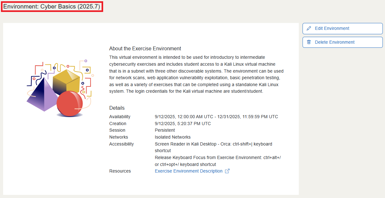 Exercise environment named "Environment: Cyber Basics (2025.7).