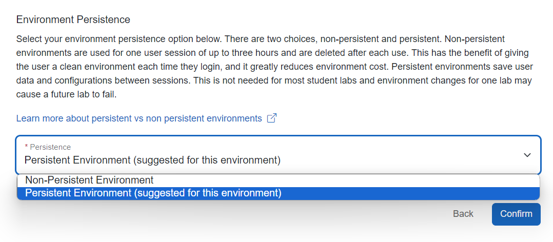 A description of the environment persistent options is shown. Below that are the buttons for selecting persistence option listed in descending order: Non-Persistent Environment, Persistent Environment.