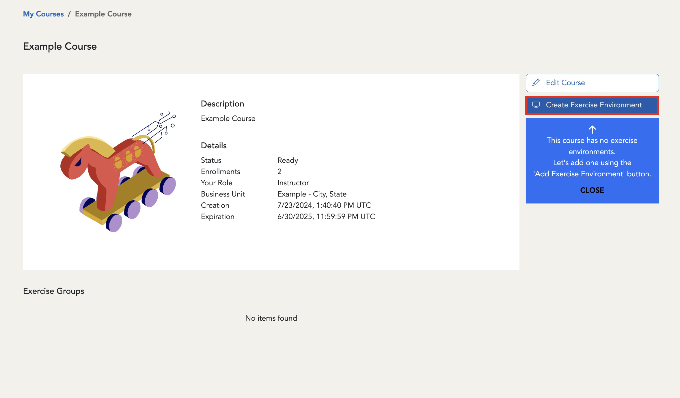 The Create an Exercise Environment button is located after the Edit Course button.