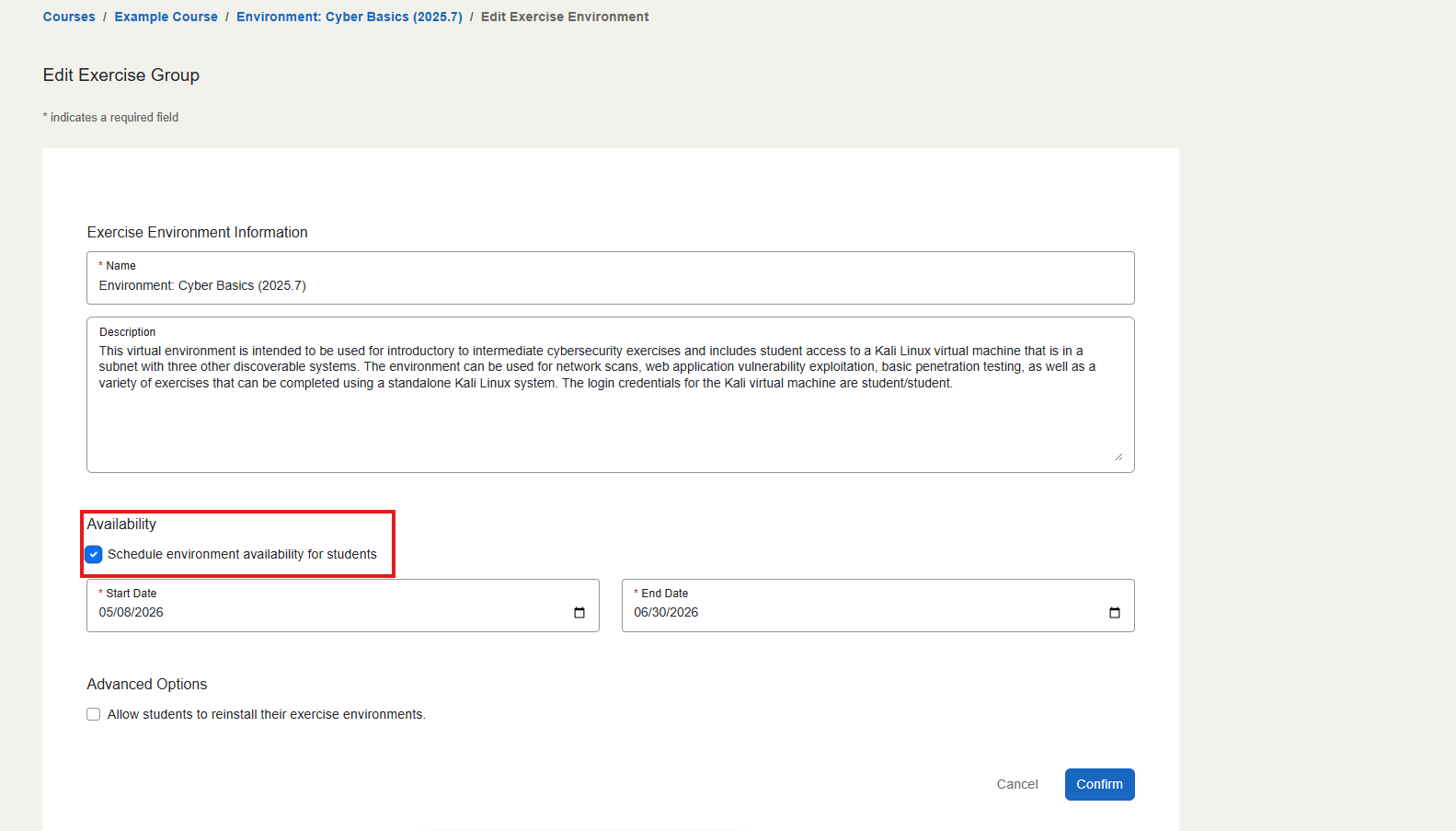 The checkbox is the first item under the Availability section, when it is checked, it is followed by the Start Date and End Date pickers.