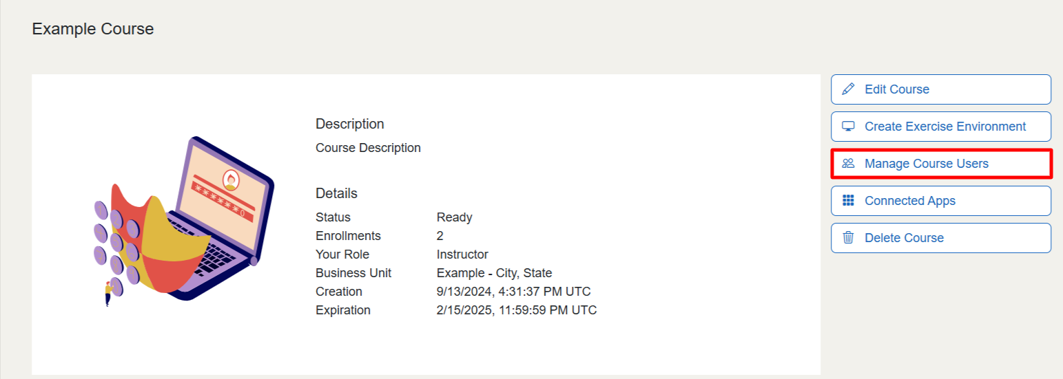The "Manage Course Users" button is the third in the set of action buttons on a course page.