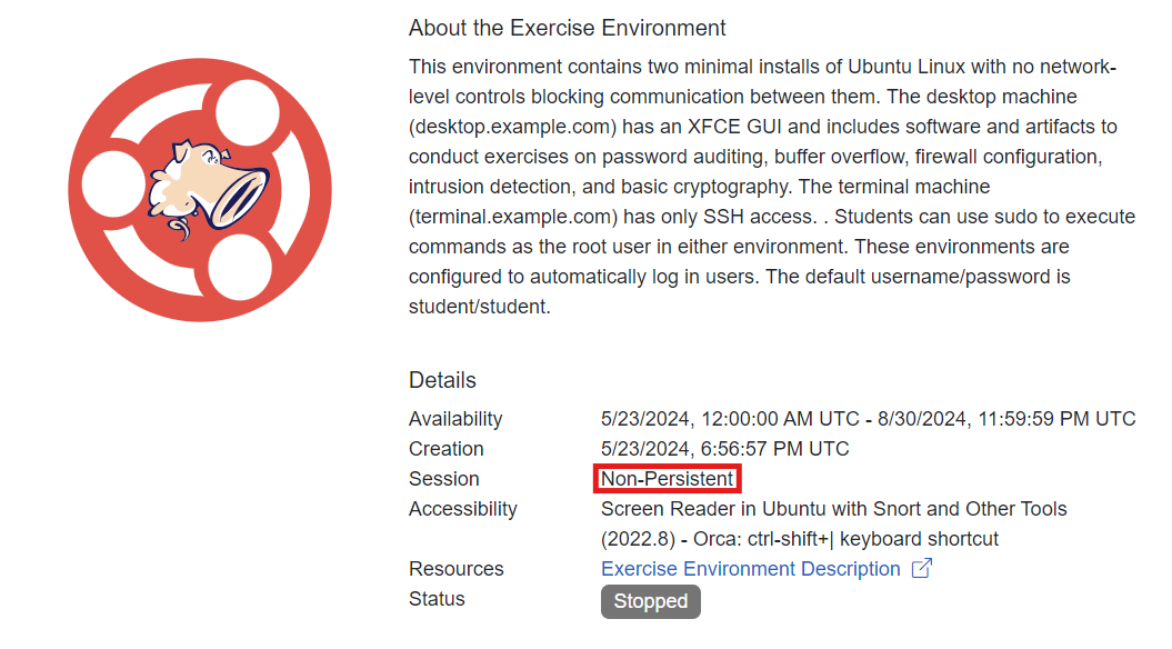 The Details section of an exercise environment is shown listing in descending order: Availability, Creation, and the Session type which is currently Non-Persistent.
