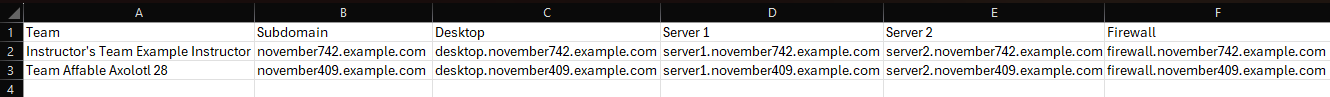 The CSV file will contain the following columns listed left to right: Team, Subdomain, Desktop, Server 1, Server 2, and Firewall with the corresponding information listed below each column.