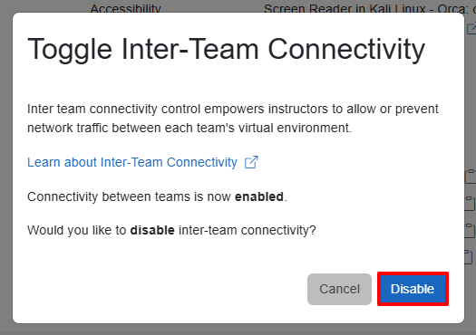 A pop-up window shows that team connectivity is enabled. The “Disable” and “Close” buttons are in the bottom right corner.