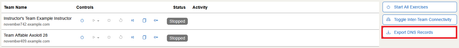 The “Export DNS Records” button is located towards the bottom right of the screen, beneath “Toggle Inter-Team Connectivity”.