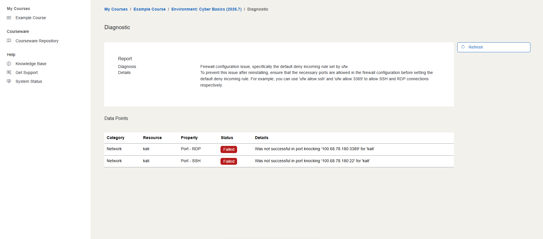 The Report has a Diagnosis statement and a Details statement. A refresh button is located on the right side.