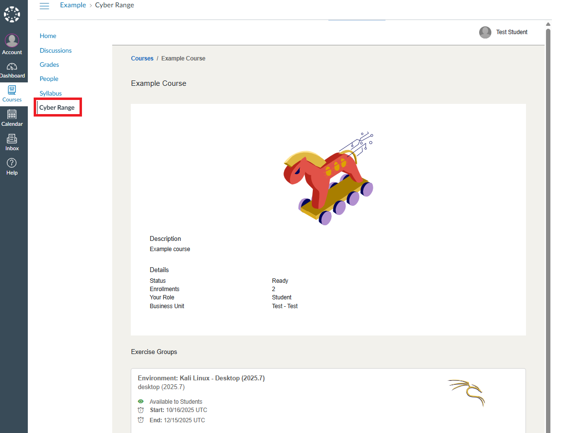 The Cyber Range app will show in the list of navigation buttons for the Canvas course.