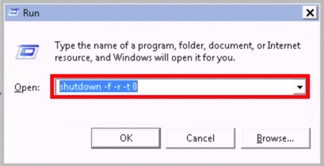 The Windows Run prompt is shown, with the shutdown -f -r -t 0 commands highlighted. Below are the OK, cancel, and browse buttons.