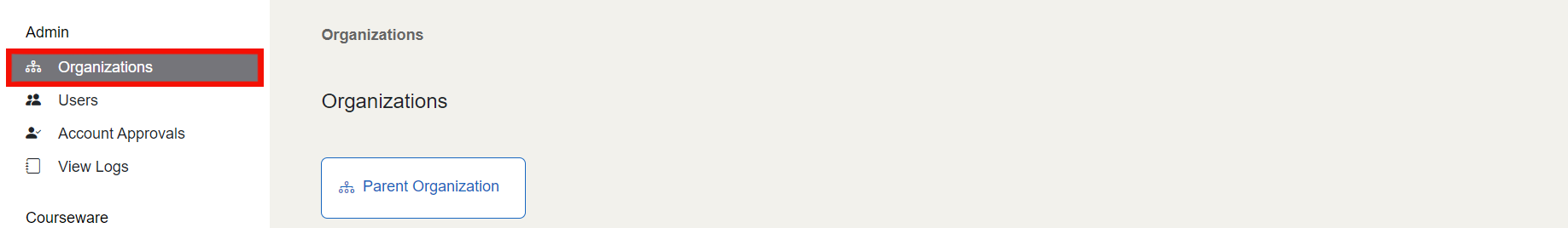 The "Organizations" button is located after the "Admin" button in the controls.