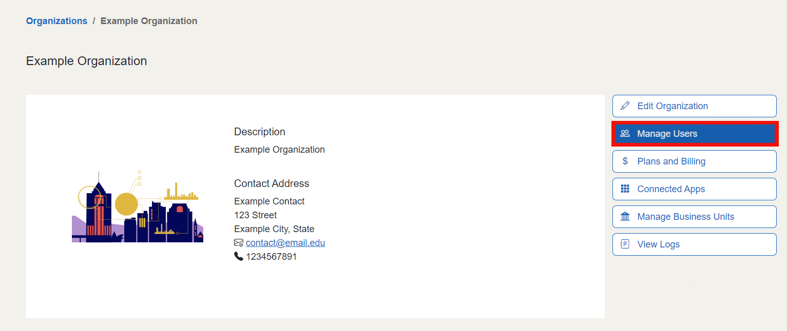 The "Manage Users" button is located on the right of the screen, under the "Edit Organization" button.
