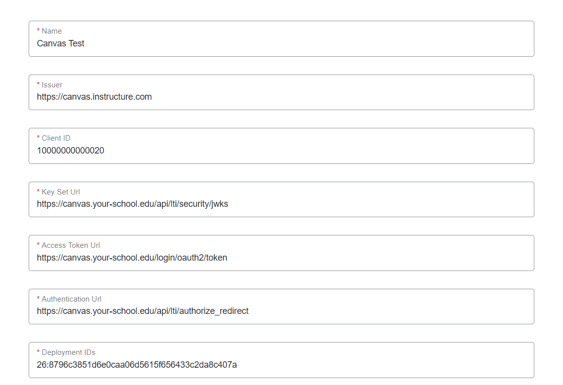 In the sample form canvas.your-school.edu is used as an example of a School Canvas Domain.