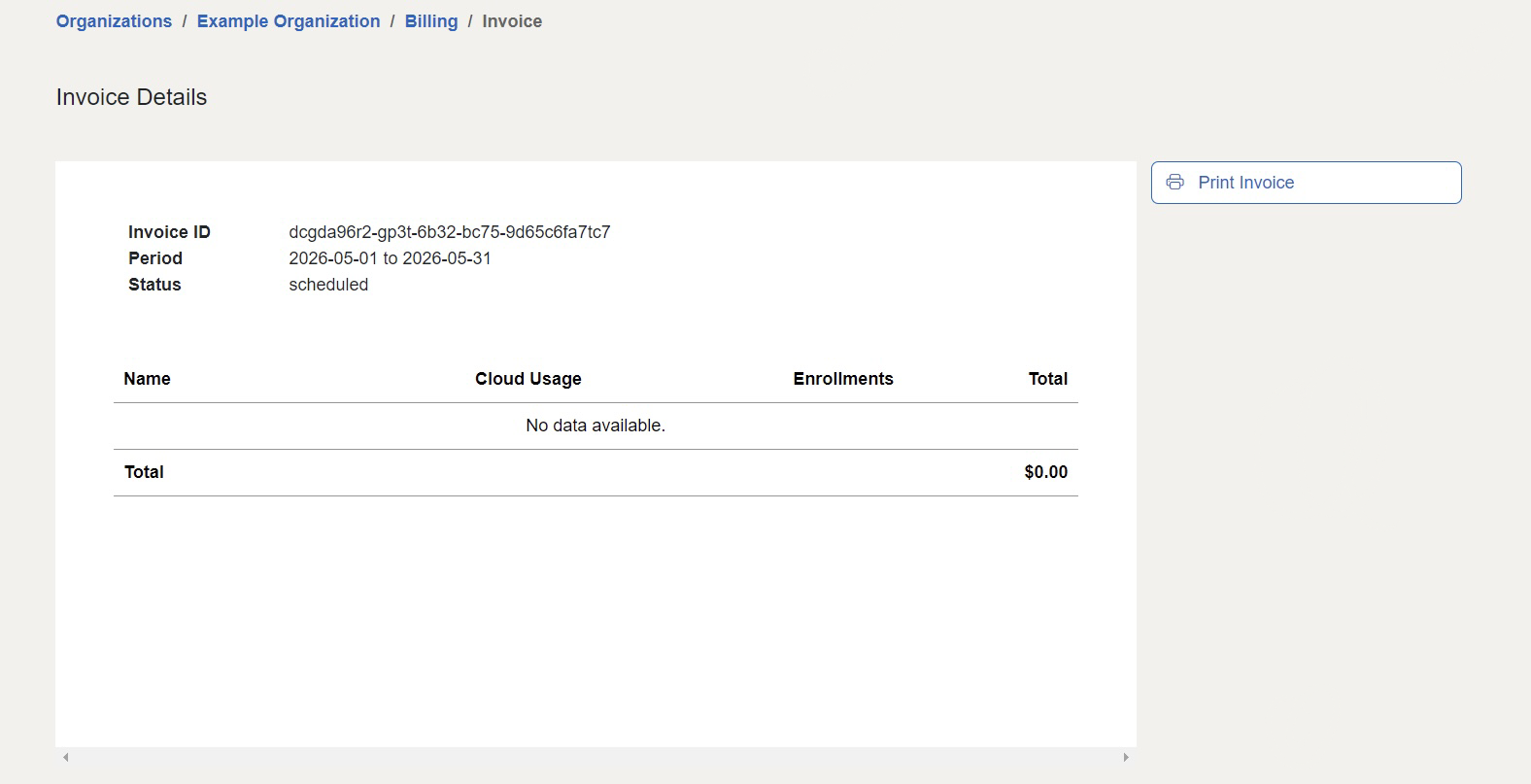 Shows the details of an invoice, such as the invoice ID, period, status, and total billing amount.