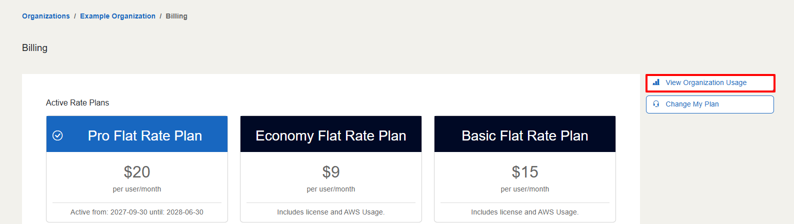 The View Organization Usage button is located in the top right of the screen above the Change My Plan button.