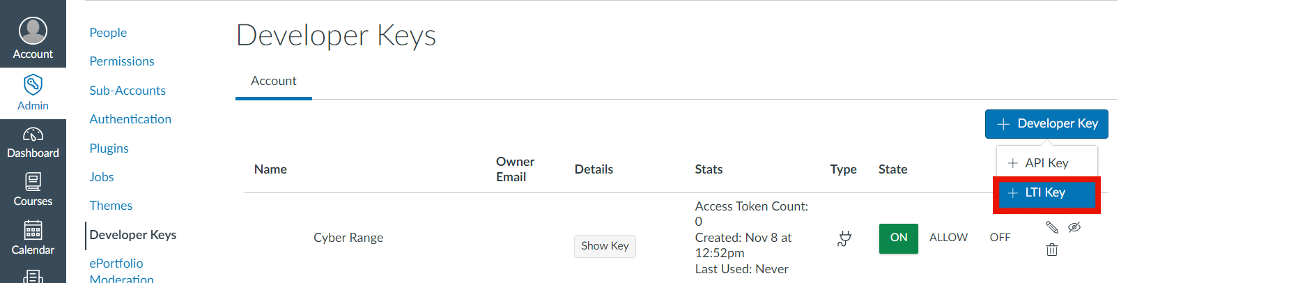 To add an LTI key, you will need to be in the Account tab of the Developer Keys page.
