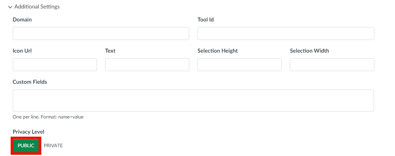 The "Privacy Level" setting is located below the "Custom Fields" textbox. The setting provides two options, PUBLIC or PRIVATE.